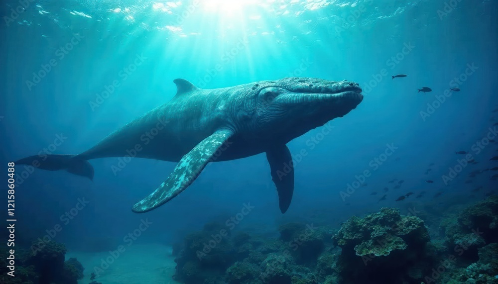 Fototapeta premium Majestic Whale in Sunlit Ocean Depths: A magnificent whale glides gracefully through the sun-drenched ocean, its colossal form silhouetted against the vibrant coral reef below.