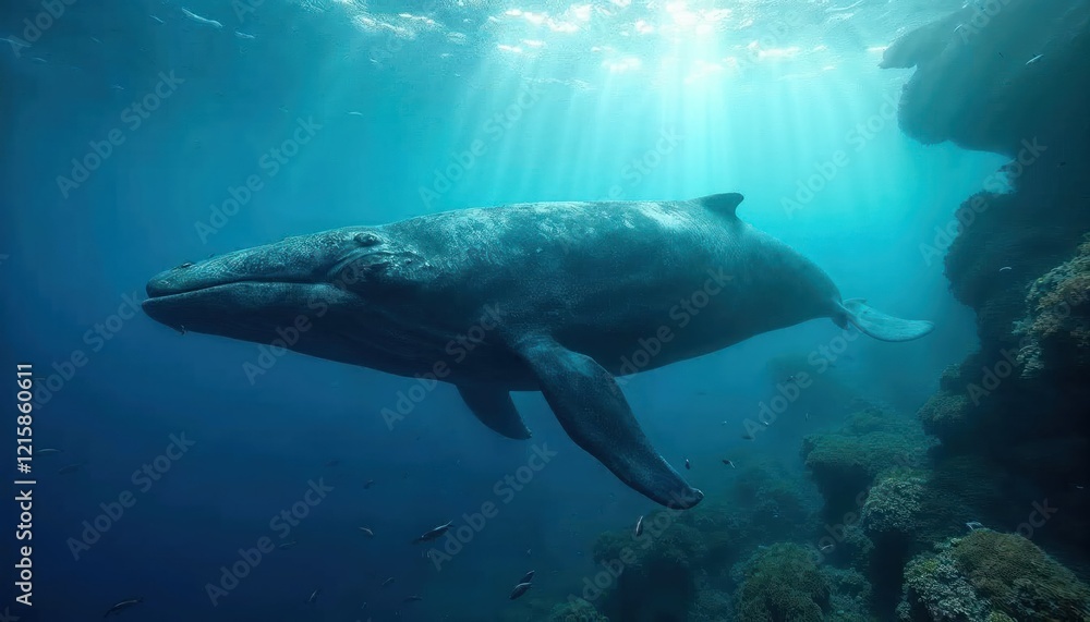 Obraz premium Humpback Whale in the Deep Blue: A magnificent humpback whale glides effortlessly through the deep blue ocean, bathed in a radiant glow of sunlight.