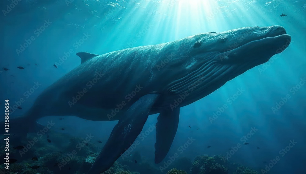 Naklejka premium Humpback Whale Majesty: An awe-inspiring humpback whale glides through the cerulean depths, bathed in the ethereal glow of sunlight, evoking a sense of wonder and reverence for the ocean's grandeur. 