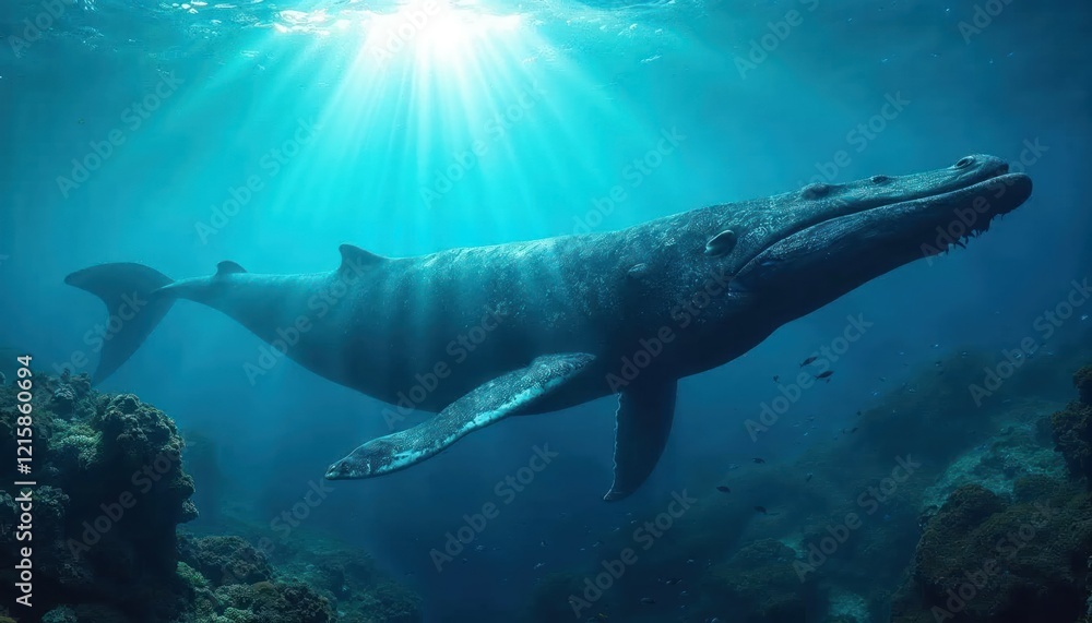 Obraz premium Humpback Whale in the Sunlight: A majestic humpback whale glides gracefully through the crystal-clear ocean, illuminated by the sun's rays that pierce the surface.