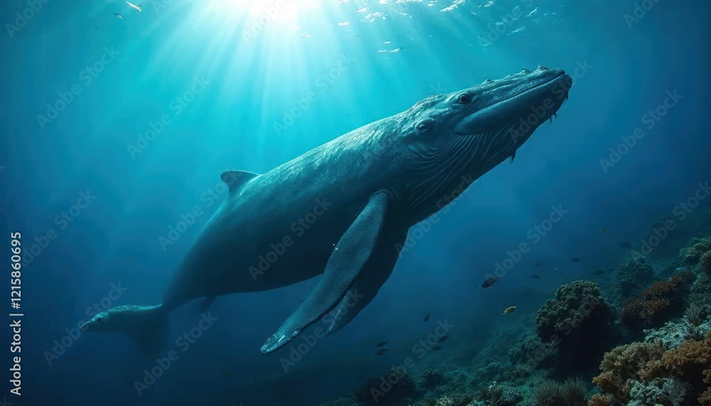 Fototapeta premium Humpback Whale Undersea Majesty: An awe-inspiring humpback whale glides effortlessly through crystal clear turquoise water, bathed in the radiant light of the sun.