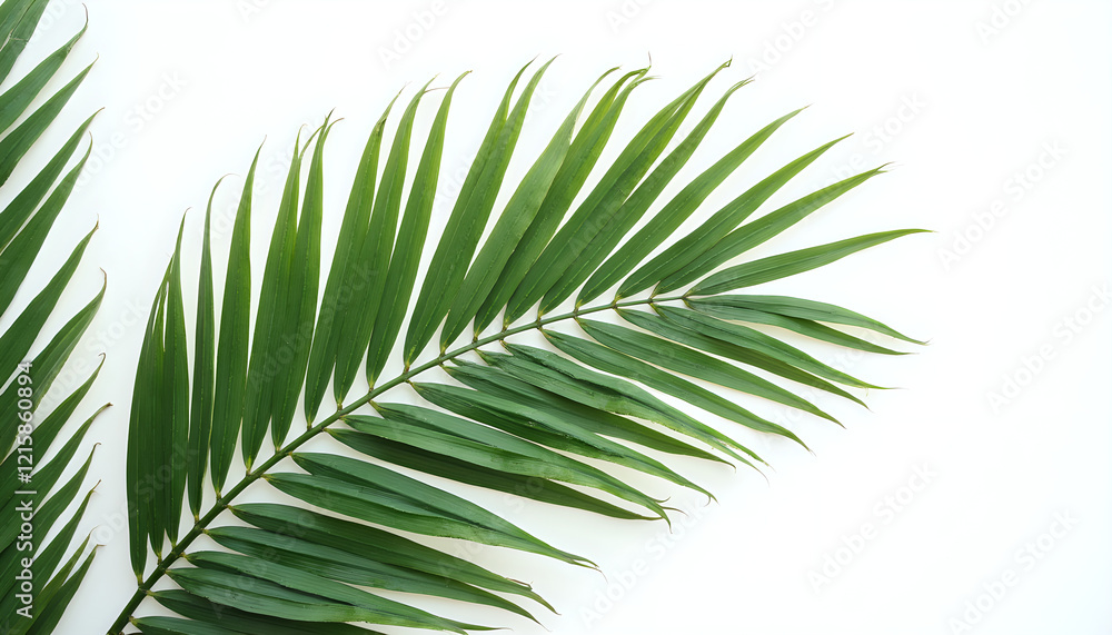 A close up of a green palm leaf on a white surface. A close up of a green palm leaf on a white surface.