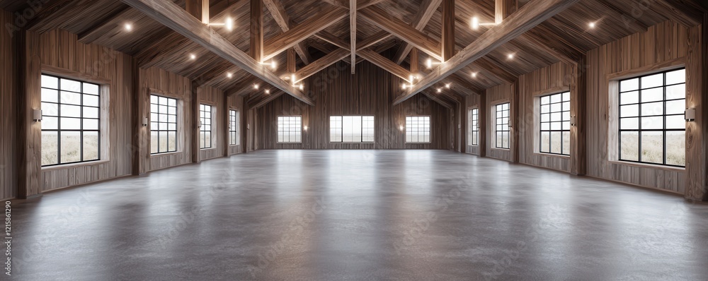 A spacious interior with wooden beams and large windows, featuring polished concrete flooring and ample natural light. A spacious interior with wooden beams and large windows, featuring polished concrete flooring and ample natural light.