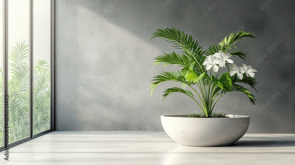 Potted plant by sunny window in modern room with concrete wall Potted plant by sunny window in modern room with concrete wall