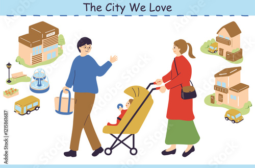 町を散歩する家族