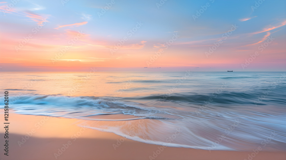 Serene Coastal Dawn: A Harmonious Balance of Sea and Sky in Tranquil Morning Hues Serene Coastal Dawn: A Harmonious Balance of Sea and Sky in Tranquil Morning Hues