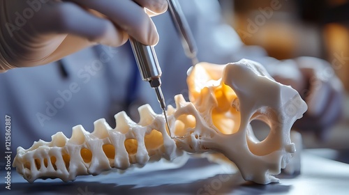 Gloved Hand Using Surgical Instruments on a Model of the Spine