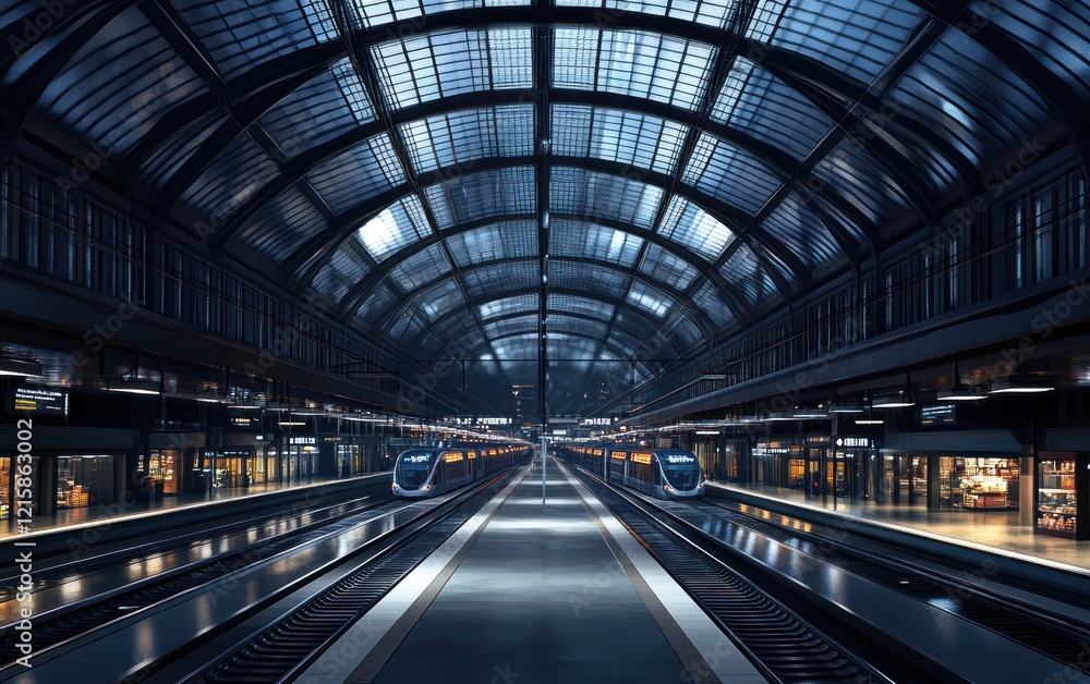 Modern train station at night with two trains on the tracks, high ceiling structure Modern train station at night with two trains on the tracks, high ceiling structure