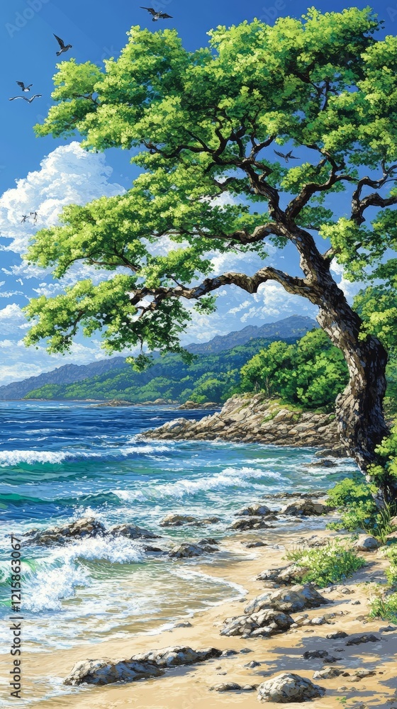 Serene Coastal Scene with a Windswept Tree and Azure Waters Serene Coastal Scene with a Windswept Tree and Azure Waters