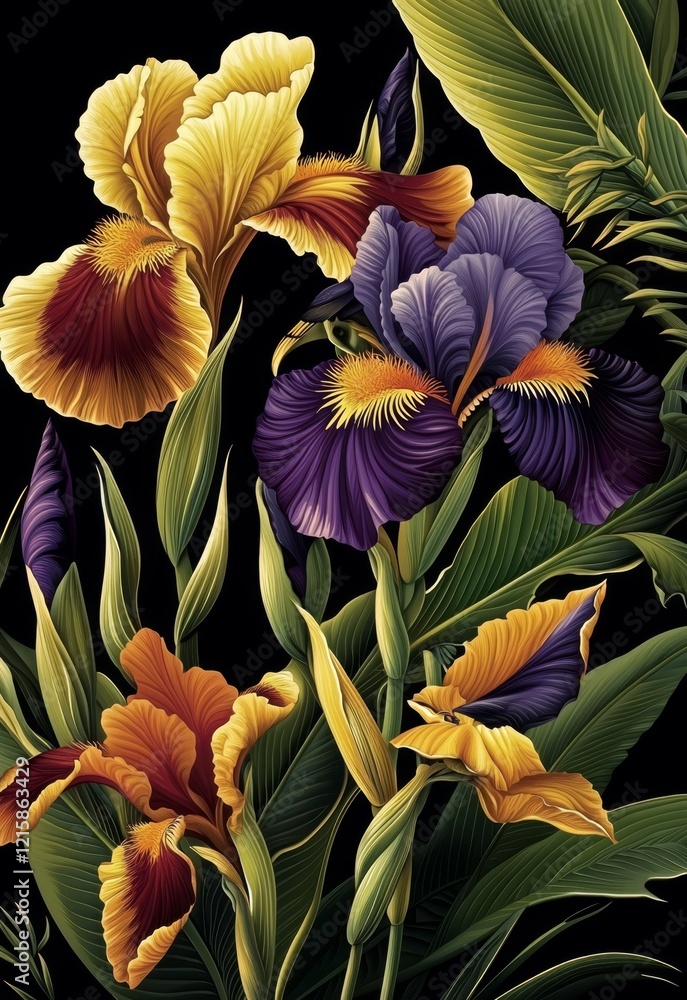Obraz premium Floral and avian elements on a black backdrop.