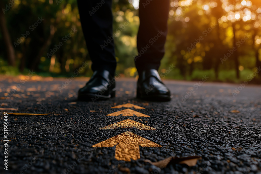 businessman stands on road with yellow arrows pointing forward, symbolizing direction and decision making. warm sunlight creates hopeful atmosphere businessman stands on road with yellow arrows pointing forward, symbolizing direction and decision making. warm sunlight creates hopeful atmosphere