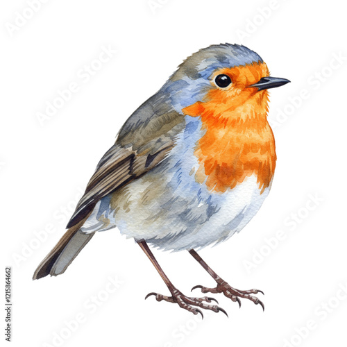 Watercolor European Robin Bird Detailed Painting Illustration Art Cute Grey Wings Small Fauna Avian 
