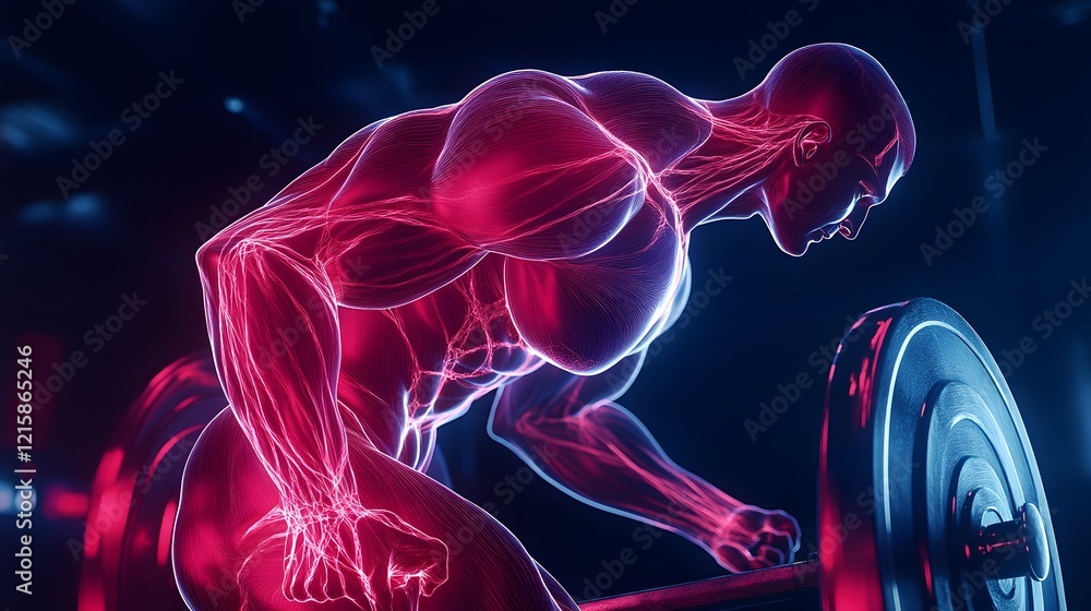 Weightlifter in motion, muscles visibly flexing, with glowing tendons and veins Weightlifter in motion, muscles visibly flexing, with glowing tendons and veins