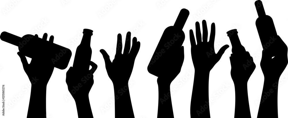 crowd hand holding beer bottle silhouette crowd hand holding beer bottle silhouette