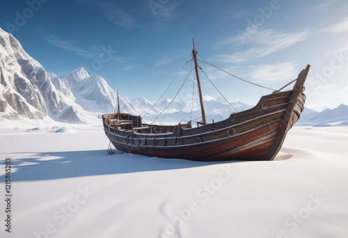 Ancient merchant vessel half-buried in snow on a deserted white sandy shoreline , vast, lake photo