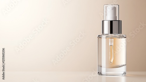 Minimalist glass spray bottle with beige background, perfect for beauty and skincare product display.