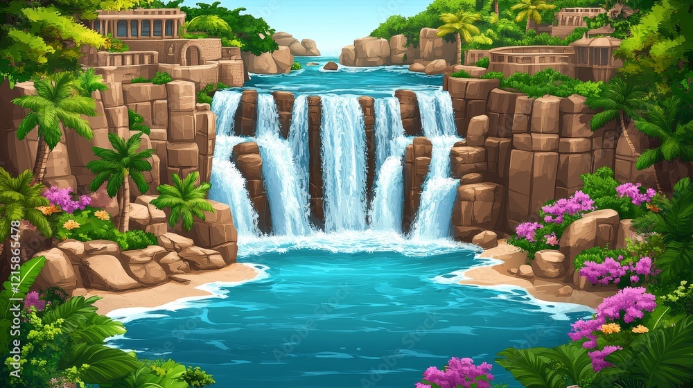 Naklejka premium Lush Tropical Paradise Waterfall Cascading Between Ancient Ruins