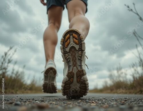 Close up photo of shoes with low angle, running in the morning photo