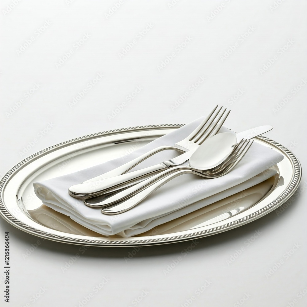 shiny silverware on white napkin on silver platter with white background shiny silverware on white napkin on silver platter with white background
