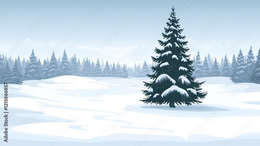 Solitary Snow-Covered Evergreen in a Misty Winter Forest Solitary Snow-Covered Evergreen in a Misty Winter Forest