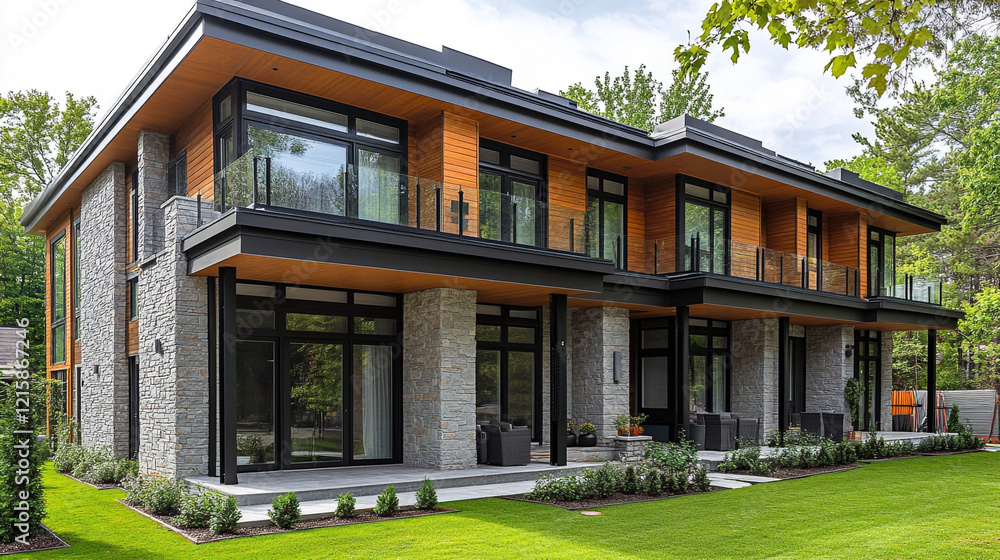 Modern residential architecture featuring large windows and elegant design in a natural setting Modern residential architecture featuring large windows and elegant design in a natural setting