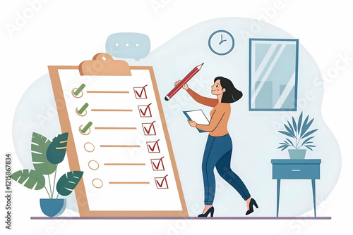 Self assessment, evaluate yourself for personal development or work improvement concept, woman giving check on checkbox in achievement list notepad paper