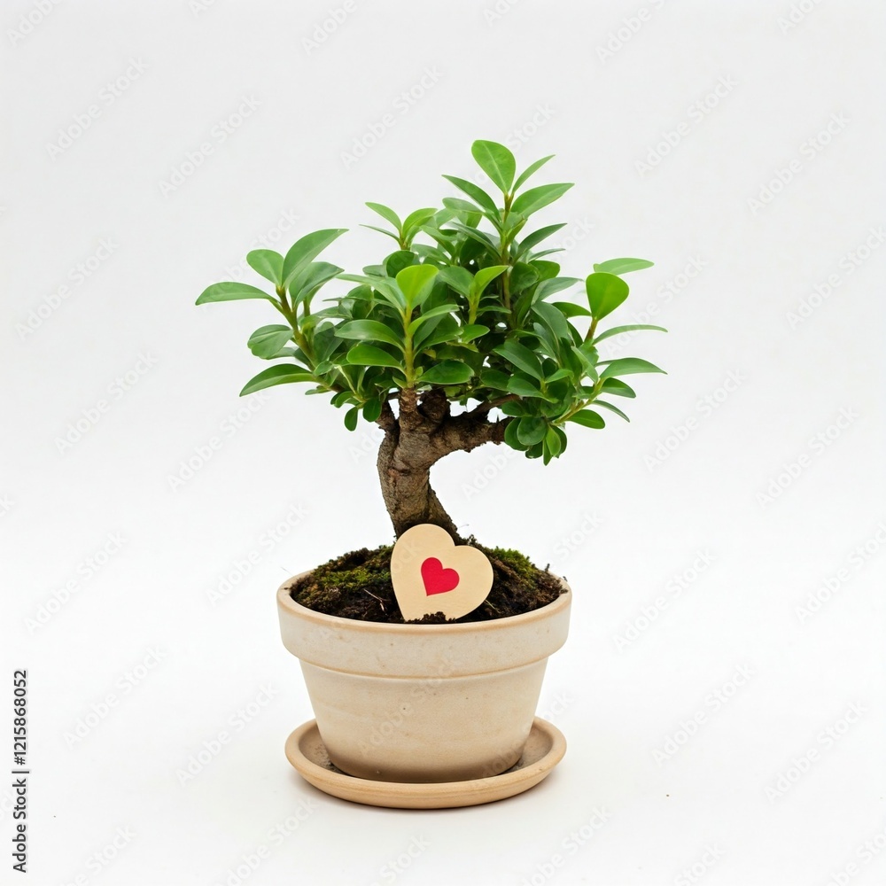 Fototapeta premium small green bonsai tree in beige pot with wooden heart decoration on white background