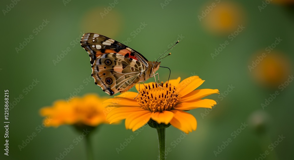 Painted Lady Butterfly on Yellow Flower Meadow Painted Lady Butterfly on Yellow Flower Meadow
