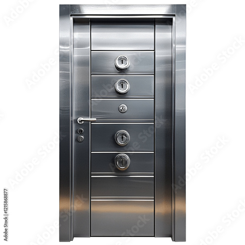 A modern metallic door with multiple circular locks, indicating security and access control.