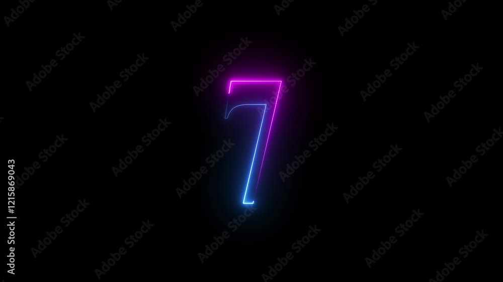7 text number neon glowing animation. Neon glowing animation above 7 digit text. number 7 neon text concept 7 text number neon glowing animation. Neon glowing animation above 7 digit text. number 7 neon text concept