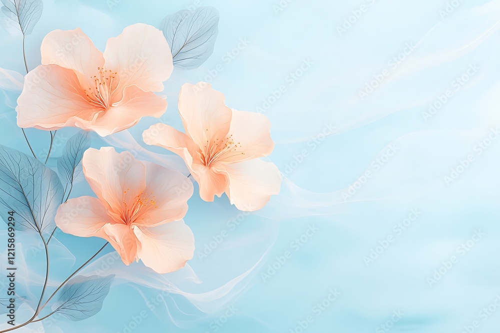 Floral arrangement in nature background serene environment soft blue canvas Floral arrangement in nature background serene environment soft blue canvas