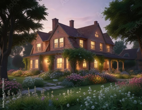 Brick house with large garden full of flowers and trees in front at dusk, greenery, countryside landscape