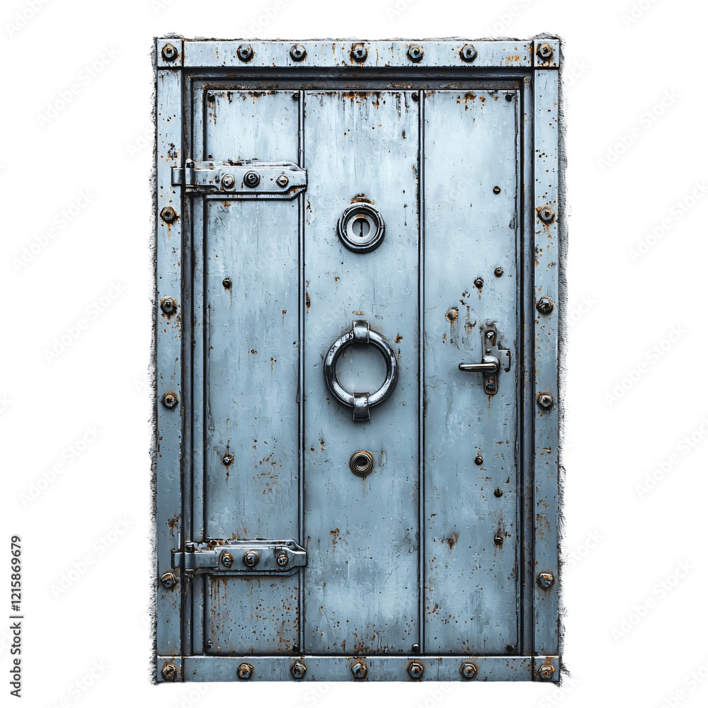 Fototapeta premium A weathered metal door with rivets and a small window, suggesting security and durability.