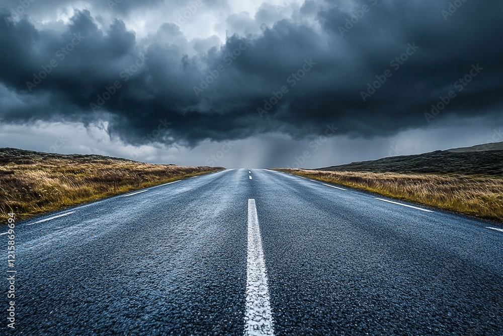 Naklejka premium A long asphalt road stretches towards a menacing storm on the horizon of a cloudy sky