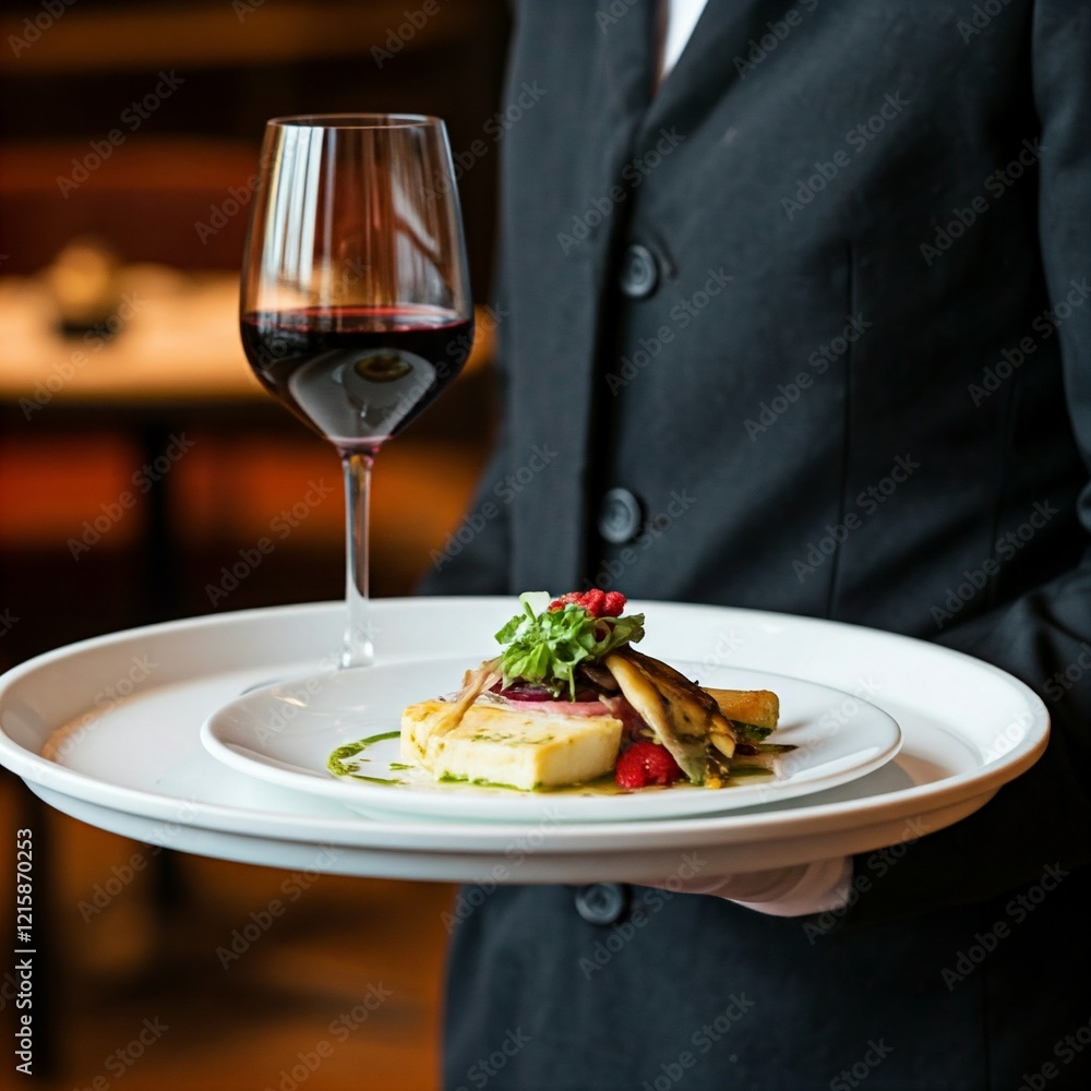 waiter in a black suit serving food in a white plate with a glass of red wine in a modern restaurant waiter in a black suit serving food in a white plate with a glass of red wine in a modern restaurant