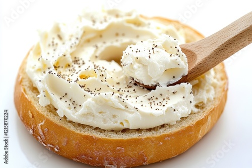 Cream cheese spread on a bagel, sprinkled with poppy seeds. Perfect for breakfast or brunch menus, food blogs, and recipe sites. photo