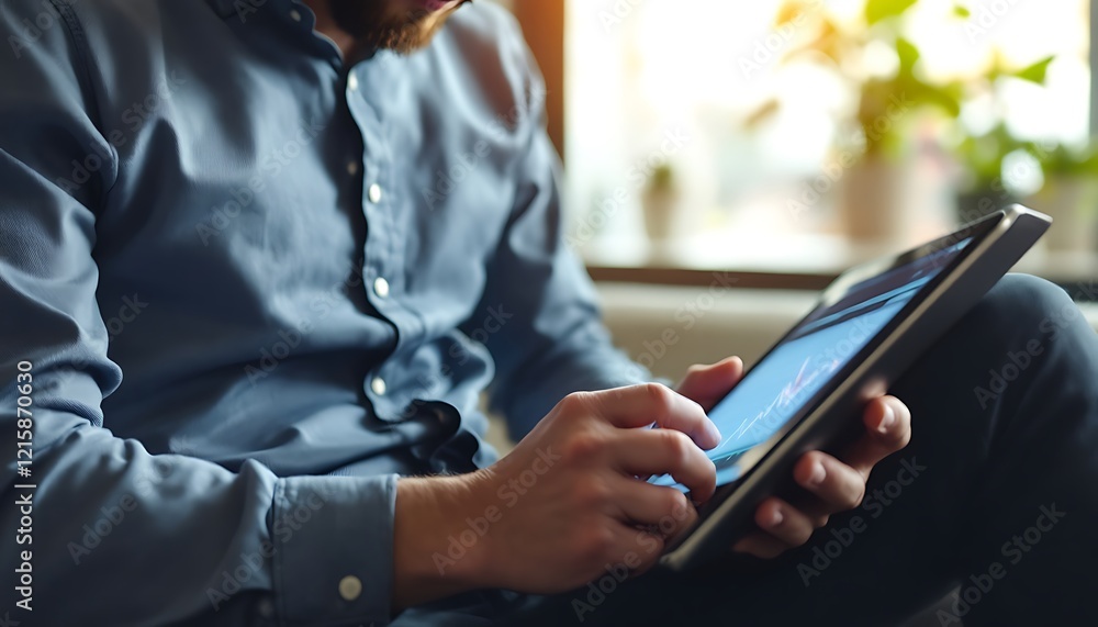 Man Using Tablet Analyzing Financial Data Graph Man Using Tablet Analyzing Financial Data Graph
