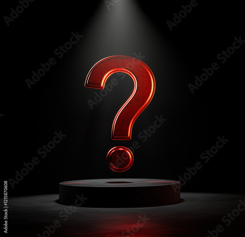 A spotlight shines on the question mark, creating an atmosphere of mystery and curiosity. The background is simple with black tones to highlight the red color of the figure