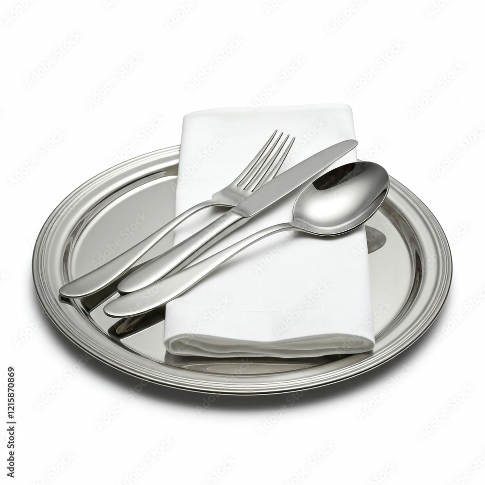 silverware setting with white napkin on silver plate isolated on white background silverware setting with white napkin on silver plate isolated on white background