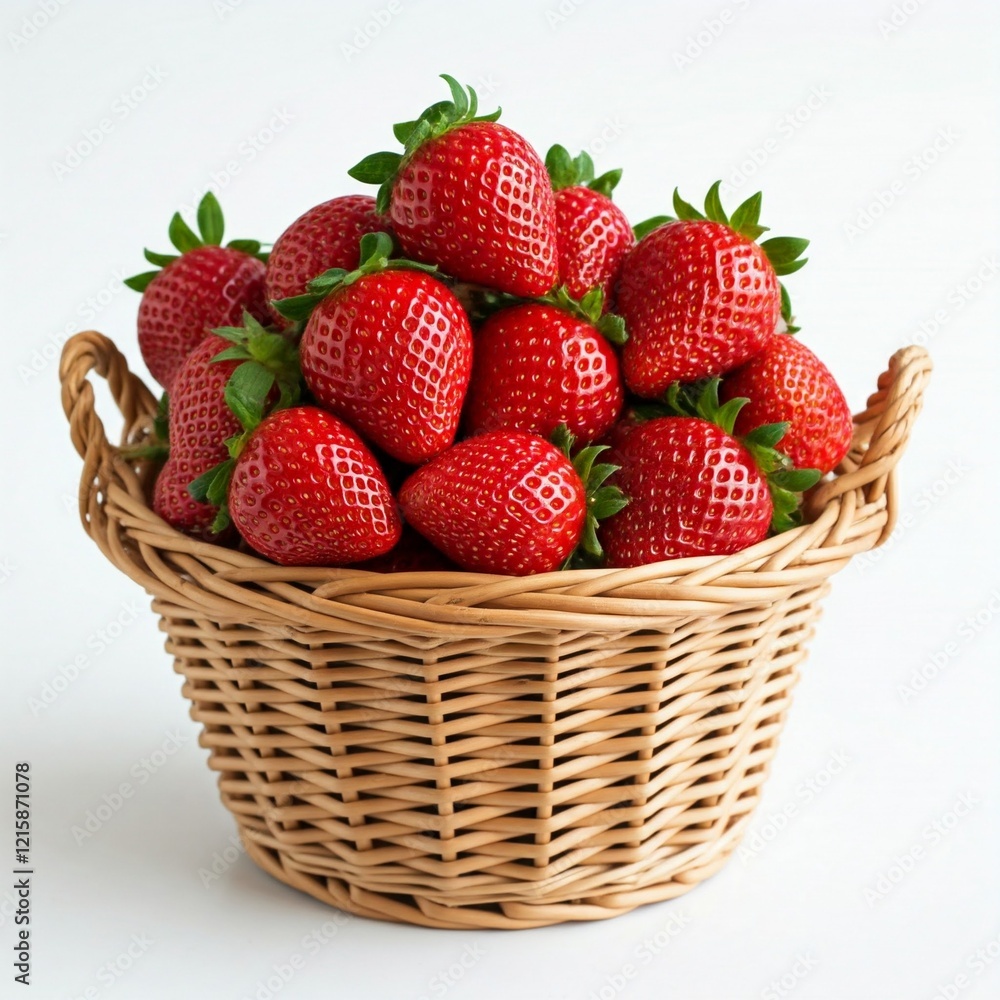 fresh red strawberries in a wicker basket on white background