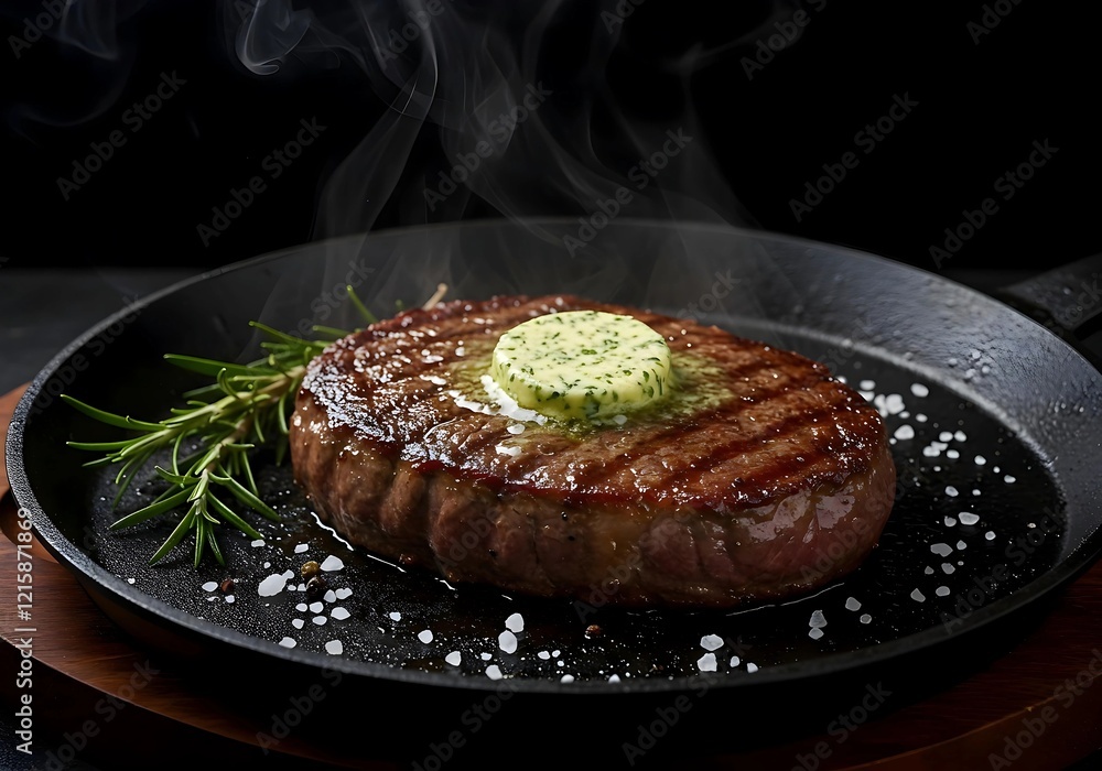 Fototapeta premium Deliciously Seared Steak with Herbed Butter in Cast Iron Pan