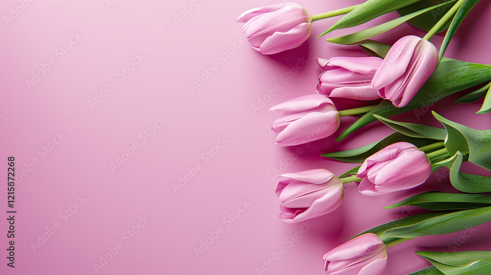 Obraz premium On the right is a border of pink tulips on a pure lilac background,the flowers have delicate petals and green leaves that add color to the composition.Floral greeting card for Mother's Day,Internation