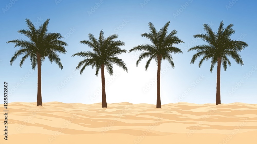 Four Silhouetted Palm Trees on a Sandy Beach Under a Clear Blue Sky Four Silhouetted Palm Trees on a Sandy Beach Under a Clear Blue Sky