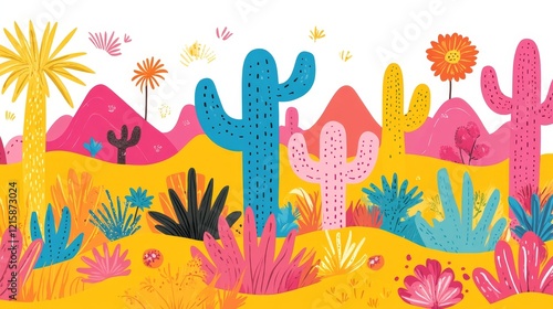 Vibrant Desert Landscape with Colorful Cacti and Flora