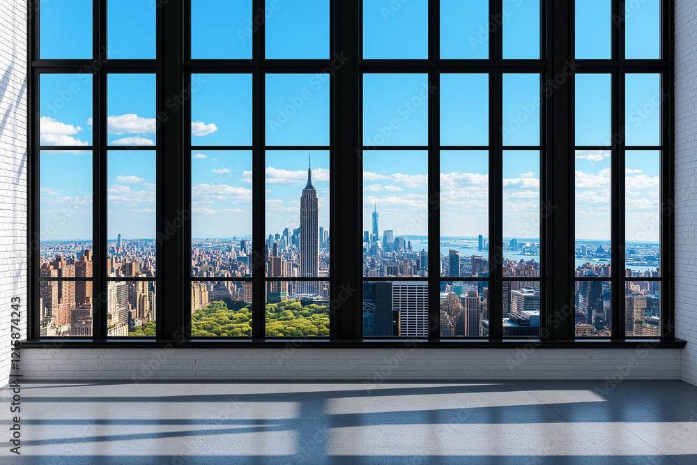 Modern empty room with panoramic windows showcasing city skyline view. Bright and spacious, ideal for urban living or office space Modern empty room with panoramic windows showcasing city skyline view. Bright and spacious, ideal for urban living or office space