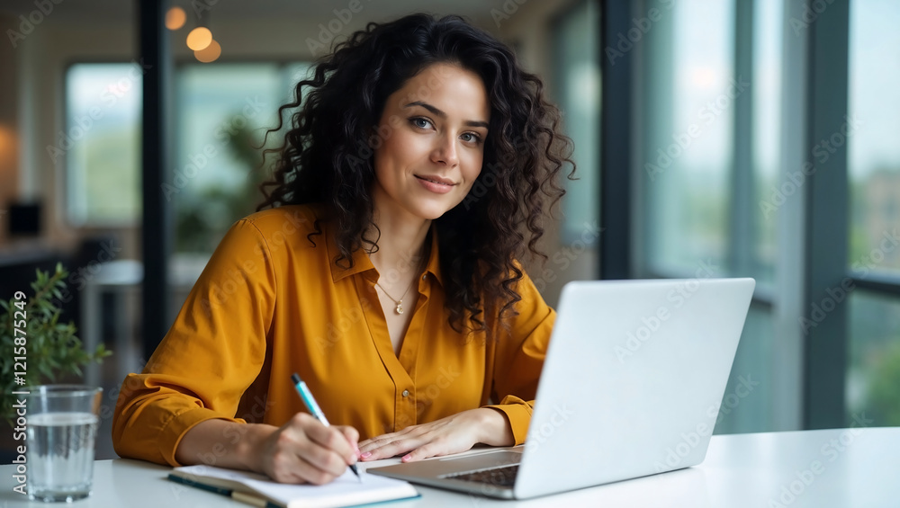 Focused Businesswoman Writing Notes While Watching Training Webinar at Workplace in Office Focused Businesswoman Writing Notes While Watching Training Webinar at Workplace in Office