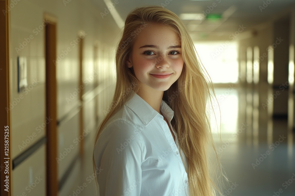 Portrait of a Smiling Young Woman in a School Corridor Portrait of a Smiling Young Woman in a School Corridor