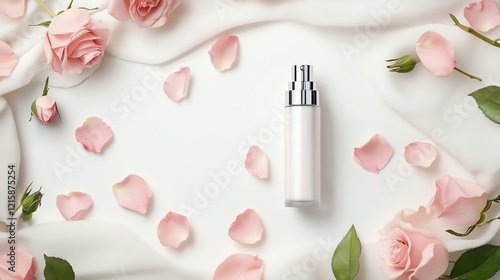 Elegant beauty scene displaying a sleek perfume bottle surrounded by delicate pink rose petals on a soft, flowing fabric background. photo