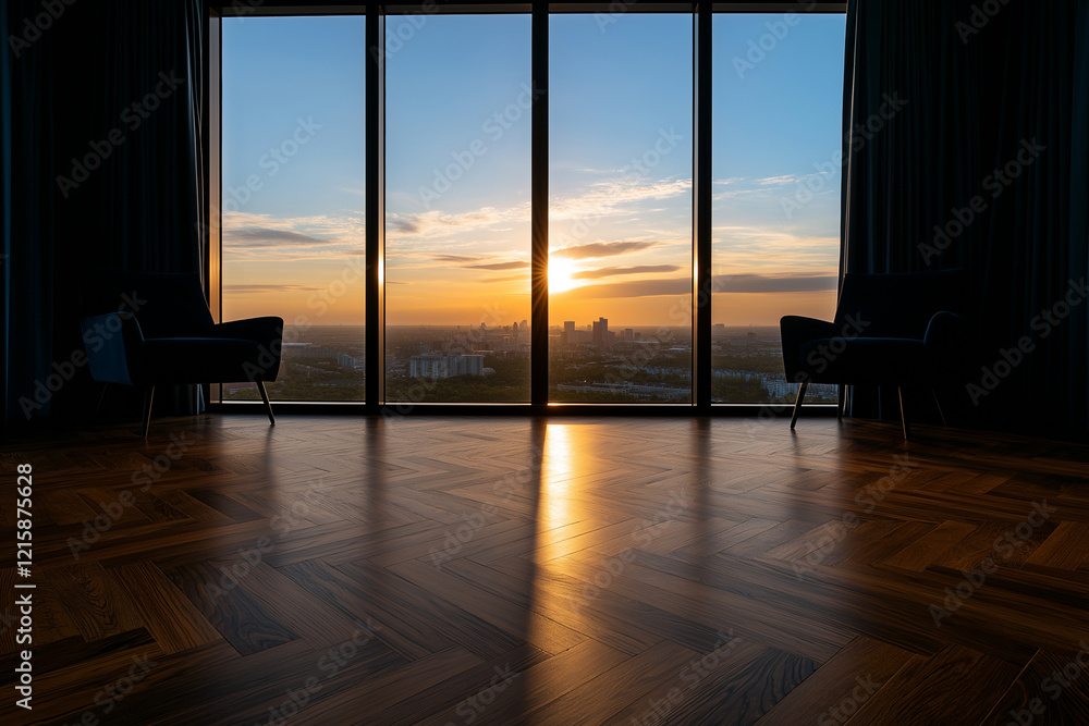 Fototapeta premium modern interior with two chairs, showcasing stunning sunset view through large glass windows. warm glow reflects on polished wooden floor, creating serene atmosphere