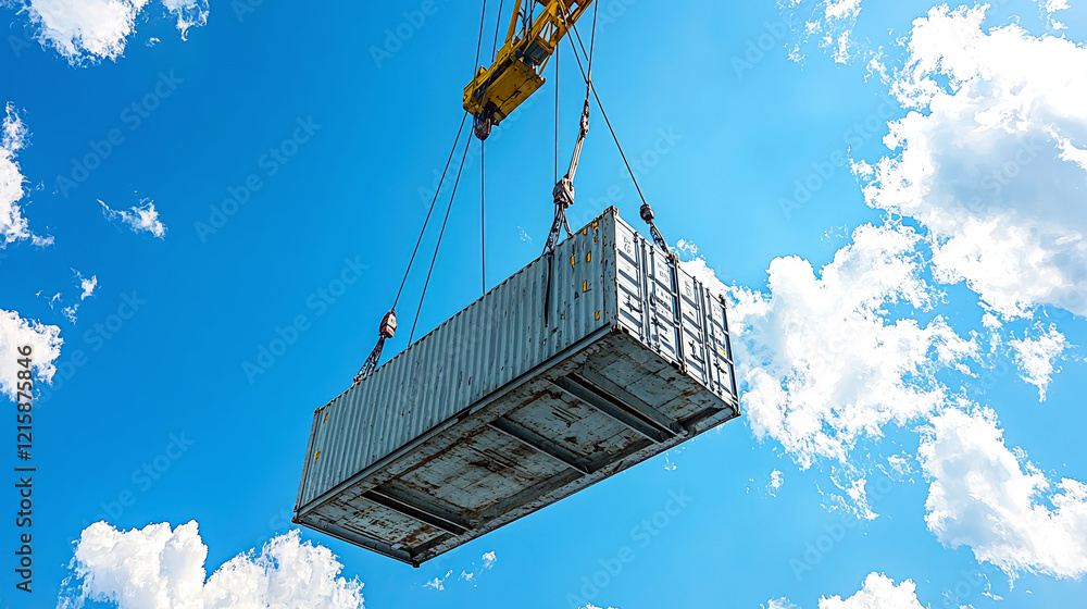 Shipping Container Lift: Crane Hoisting Cargo Against a Blue Sky Shipping Container Lift: Crane Hoisting Cargo Against a Blue Sky